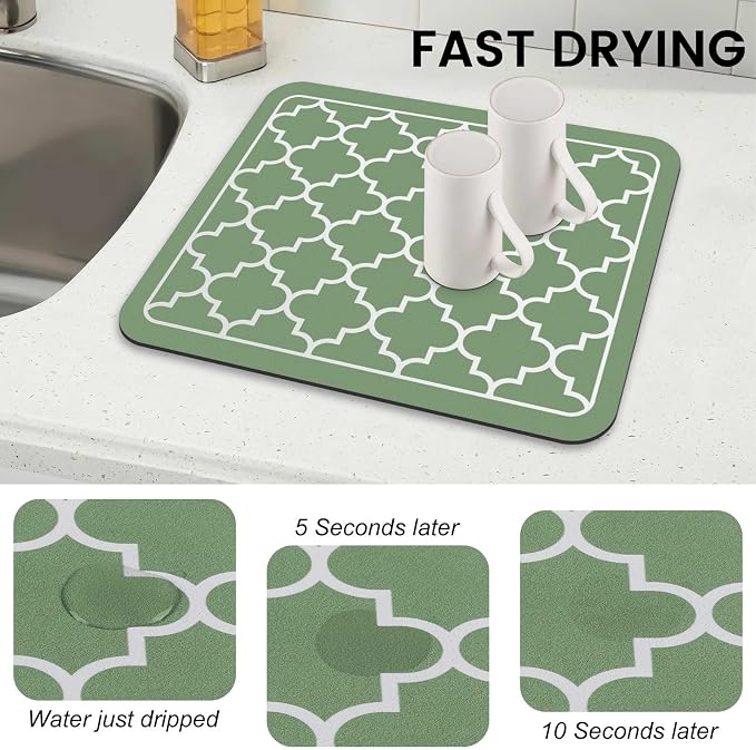 WISELIFE Dish Drying Mat Super Absorbent Drying Mat Large Dish Drying Mats for Kitchen Counter Easy Clean Dish Mat Kitchen Drying Mat15"x 18" Stylish Green