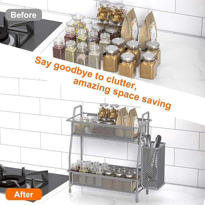 LEMIKKLE Spice Rack Organizer for Kitchen Counter, Spices Organizer and Storage Seasoning Organizer for Cabinet, Kitchen Metal Countertop Organizer with Side Basket (Grey)