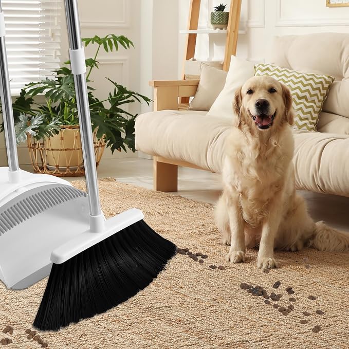 Broom and Dustpan Set, 52" Adjustable Handle Broom, White | Dustpan Self-Cleaning Teeth for Hair, 52" Long Handle Standing dustpan,Suitable for Home Kitchen Office Hall Floor
