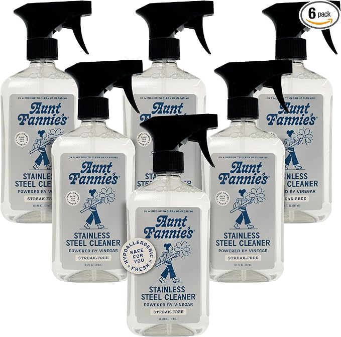 Aunt Fannie's Stainless Steel Spray Cleaner, Powered by Vinegar, Fingerprint and Residue Remover for Refrigerator, Dishwasher, Oven, Grill, Sink, Stovetop, and Other Appliances, Pack of 6