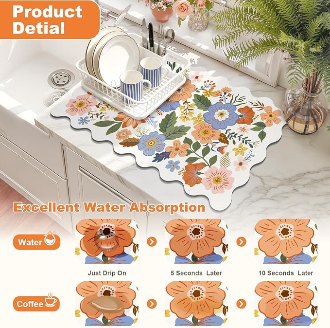 LOKHOM Scalloped Floral Dish Drying Mat, 18"x24" Super Absorbent Coffee Mat with Unique Spring Wildflowers, Cuttable Hide Stain Non-slip Drying Mat for Kitchen Counter Coffee Maker Espresso Machine