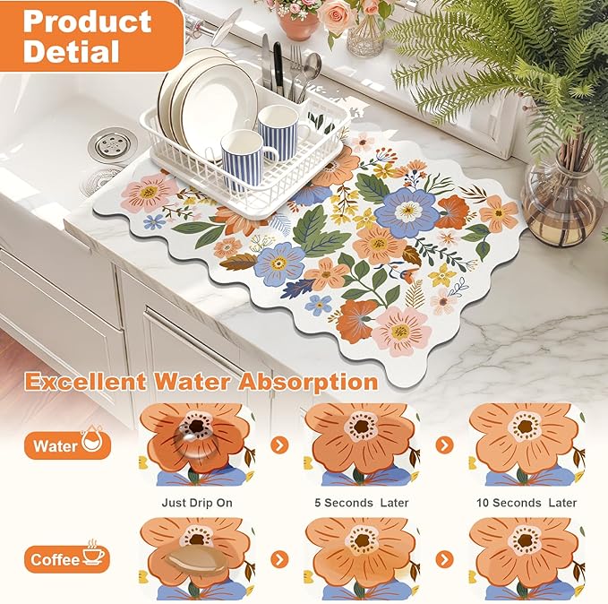 LOKHOM Scalloped Floral Dish Drying Mat, 12"x20" Super Absorbent Coffee Mat with Unique Spring Wildflowers, Cuttable Hide Stain Non-slip Drying Mat for Kitchen Counter Coffee Maker Espresso Machine