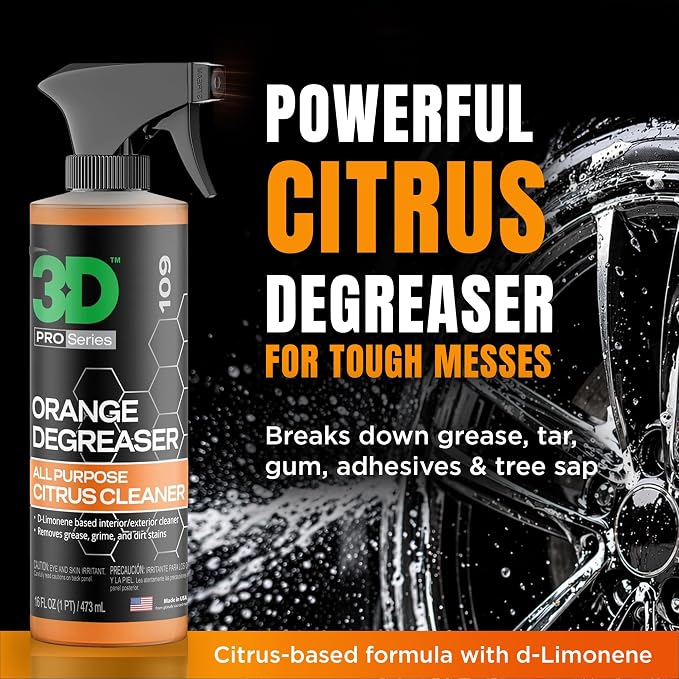 3D Orange Degreaser – Citrus-Based Car Cleaner for Oil, Grease, Grime & Adhesives – Water-Based, Non-Corrosive, Eco-Friendly, Interior & Exterior Use - 16 Fl oz