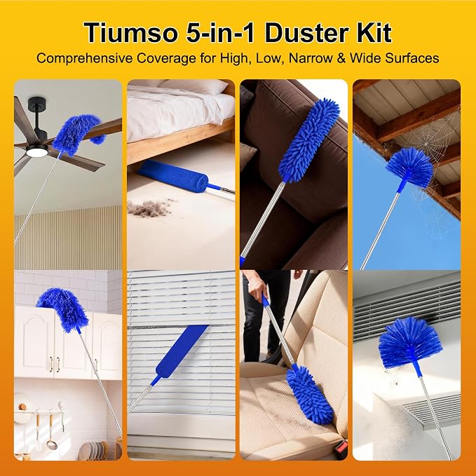 Tiumso Ceiling Fan Cleaner Dusters for Cleaning 6-in-1 Kit, Cobweb Duster with Extension Pole, 100 Inches High Ceiling Fan Blade Cleaners with 5 Reuseable Dusting Heads for Windows and Blinds- Blue