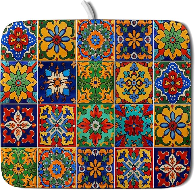 Mexican Tiles Dish Drying Mat for Kitchen Counter Absorbent Microfiber Dish Drying Pad Kitchen Gadgets Multi-use