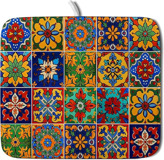 Mexican Tiles Dish Drying Mat for Kitchen Counter Absorbent Microfiber Dish Drying Pad Kitchen Gadgets Multi-use