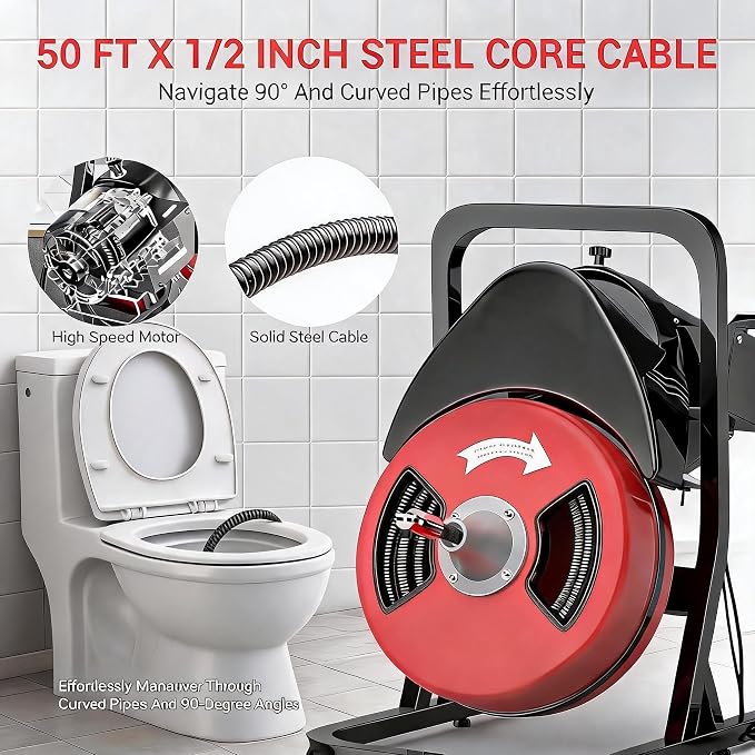 50FTx1/2 Inch Drain Cleaner Machine with Wheels, Sewer Snake Drain for 2" to 4" Pipes, Plumbing Snake Auger Cleaner with 6 Cutter & Foot Switch for Sewer, Sink, Toilet, Bathroom