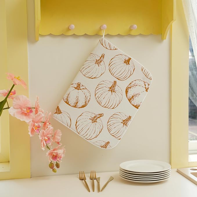 Fall Dish Drying Mat 18x24 Inches For Kitchen Counter,Orange Burnt Pumpkin Kitchen Decor Drying Mat Decorative Autumn Thanksgiving Drying Pad for Home Kitchen,Dining Room,Office Decoration