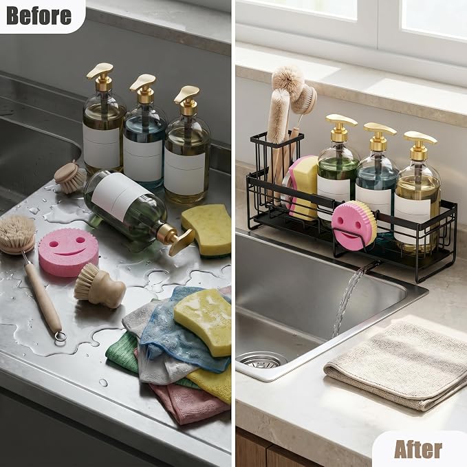 spospo Extendable Sponge Holder for Kitchen Sink, Extra Large Adjustable Length Sink Caddy Organizer with High Brush Holder, Self-Draining Countertop Organizer