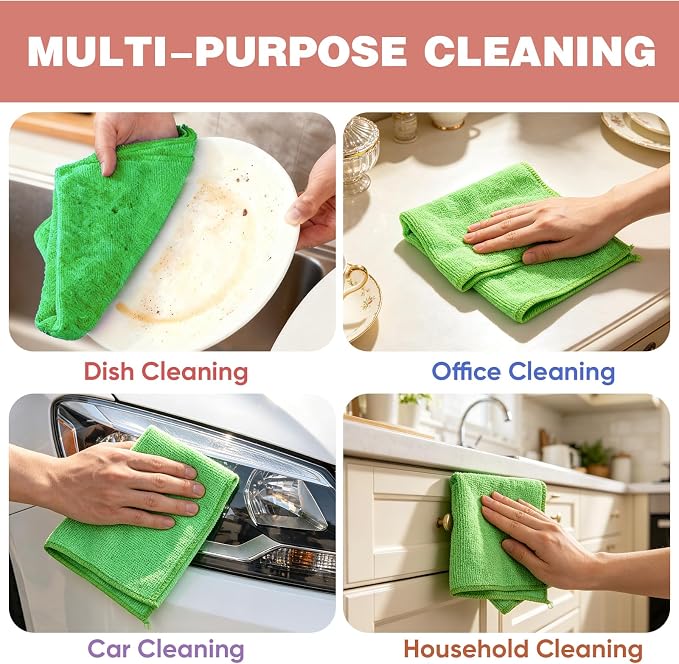 TEAWOO 10 PCS Green Microfiber Cleaning Cloths, Highly Absorbent Microfiber Towels for Car, Kitchen, Bathroom and Household Cleaning, 11.8" X11.8