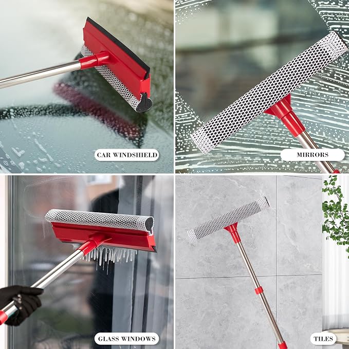 Professional Standard Window Squeegee,2-in-1 Window Cleaner Sponge and Soft Rubber Strip with Retractable Stainless Steel Handle(15.3"-23.6") for Gas Station, Glass,Shower,Outdoor Window Cleaning