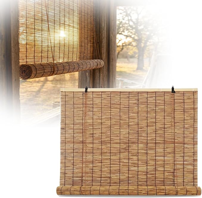 Bamboo Roller Shades for Outdoor Patio, Porch, Pergola, Balcony, Bamboo Blinds, UV Protection, Light Filtering Bamboo Blinds for Interior Windows, Bamboo Roman Shades for Windows