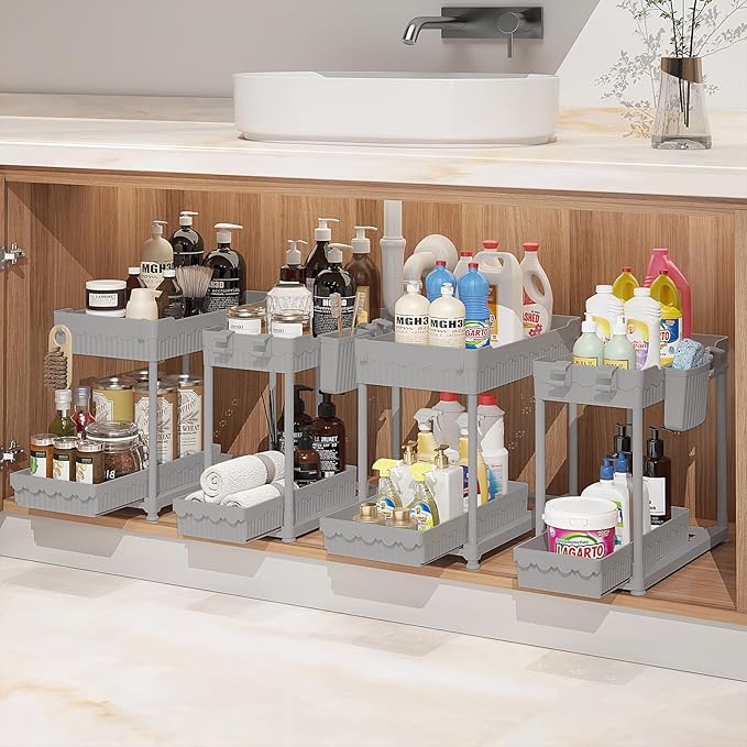 Sevenblue 4-Pack 2-Tier Under Sink Organizer with Pull Out Drawers | Multi-use kitchen & bathroom storage. Includes hanging hooks and cups. Gray, space-saving cabinet design. 12.8 Inch
