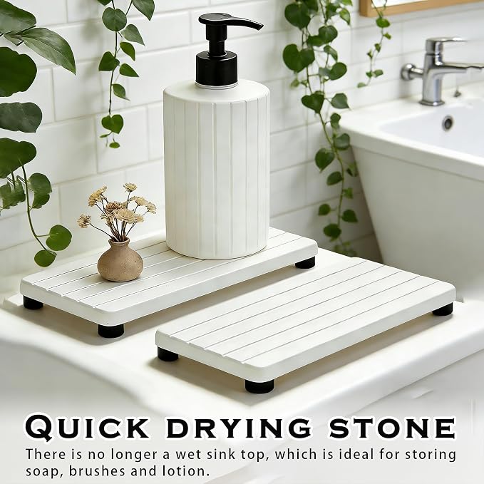 2PCS Stone Drying Tray, Water Absorbing Stone Tray for Sinks, Neat Diatomite Sink Trays, Fast Drying Kitchen Sponge Hand Soap Holder, Instant Dry Sink Coasters Used for Bathroom Counter -White
