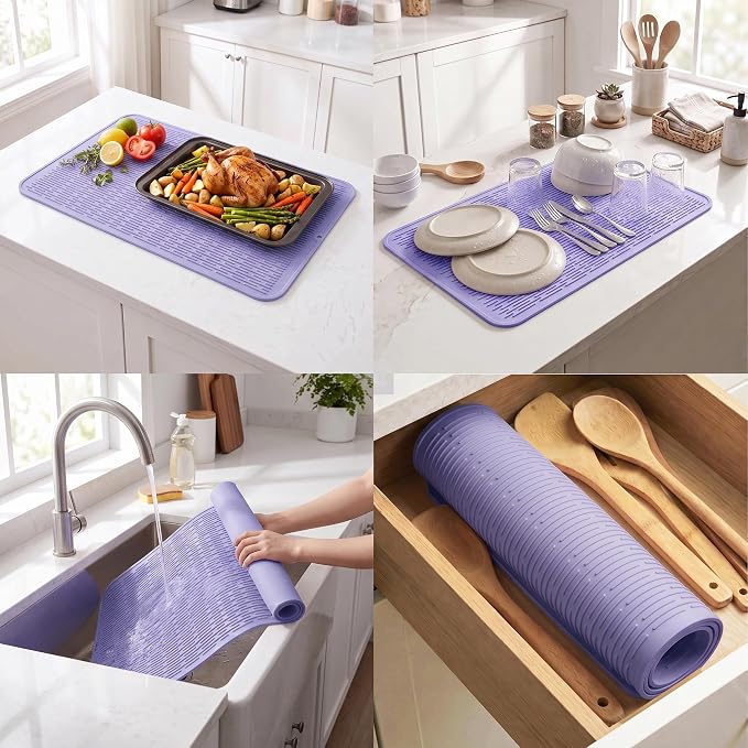 MicoYang Silicone Dish Drying Mat for Multiple Usage,Easy clean,Eco-friendly,Heat-resistant Silicone Mat for Kitchen Counter or Sink,Refrigerator or Drawer Liner Light Purple 4XL 32 inches x 18 inches