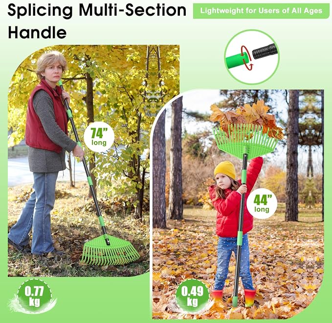 Leaf Rake for Lawn,16.5” Plastic Rake for Yard,Unbreakable Nylon Head,45” Long Handle,Garden Rakes for Grass Turf Debris Mulch Thatch Pine Needles Leaves,Lightweight for Kids Seniors,No Harm to Lawn