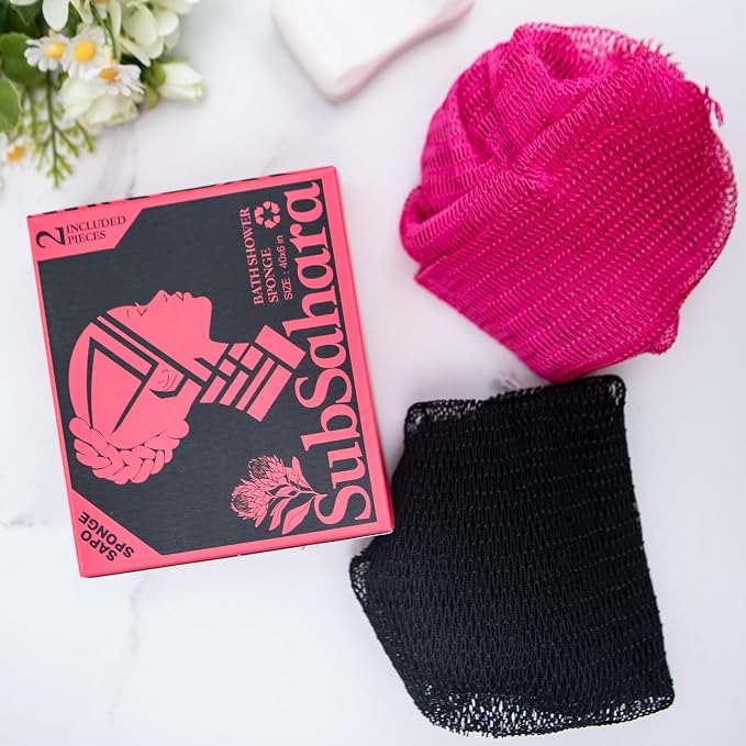 SubSahara Authentic African Net Sponge - 2 Pack Exfoliating Bath & Shower Loofah Sponge for Body & Face, Gentle Scrubber for All Skin Types, Travel, Durable (Black & Pink)
