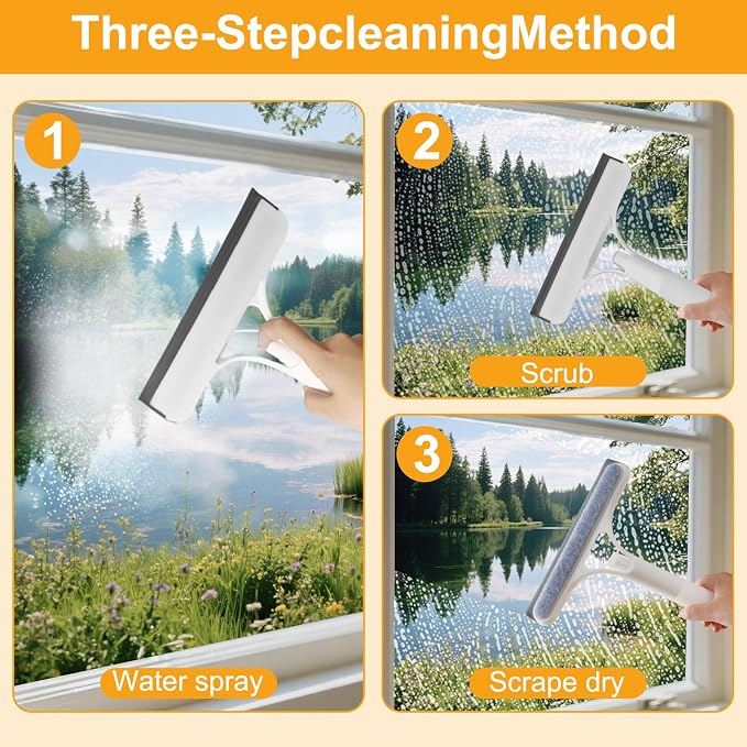 3-in-1 Spray Window Squeegee with Scraper and 2 Cotton Pads, Blue | Spray, wipe, and squeegee glass with one handheld tool; includes two replaceable cotton cleaning strips