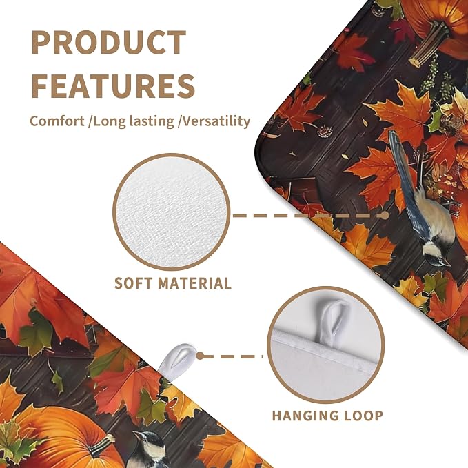 Fall Pumpkin Maple Leaf Bird Dish Drying Mat for Kitchen Counter 18x24 Inch Autumn Harvest Reversible Microfiber Drying Mats Thanksgiving Drying Pad Orange Brown Super Absorbent Dish Drainer Mats