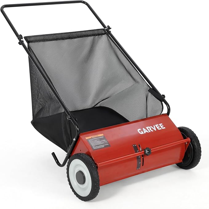 Garvee 26-Inch Push Lawn Sweeper for Yard and Garden Cleanup Red | 4 Leaf Sweeper Brush, Large 7 cu. ft. Hopper Bag, Height Adjustable, Durable Steel Frame