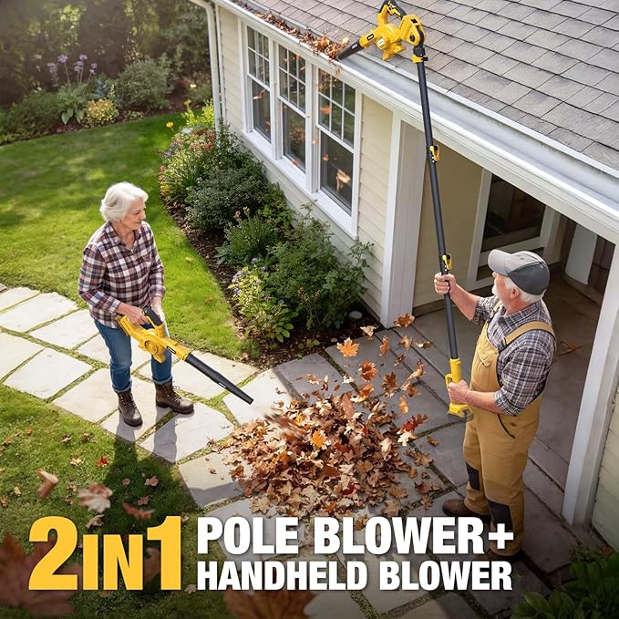 Roof Gutter Cleaning from The Ground, 2-in-1 Cordless Pole Leaf Blower, Handheld & Extension Blower, for Dewalt 20V Battery, Adjustable Angle Nozzle, for Roof, Yard & Patio Cleaning（Tool Only）