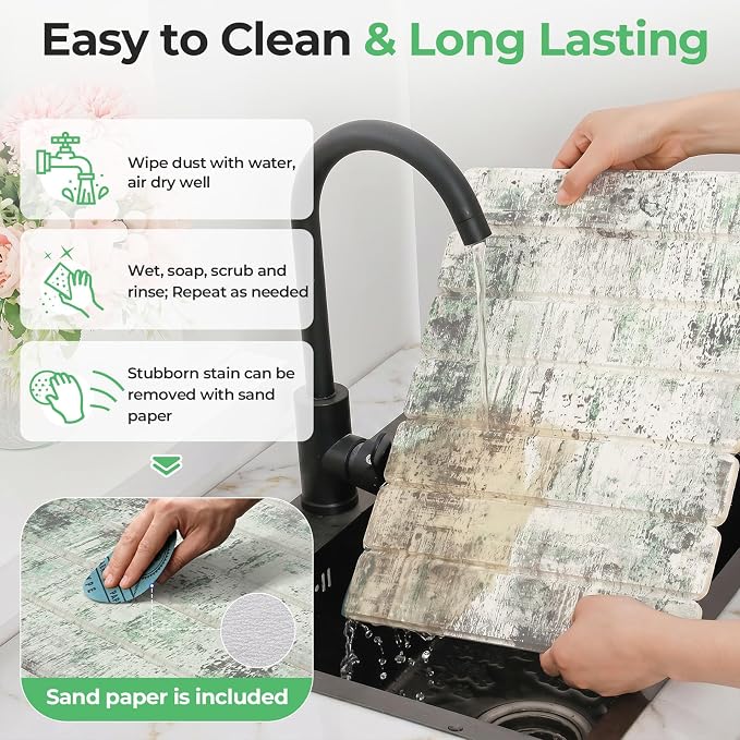 Findosom Stone Dish Drying Mat for Kitchen Counter, 15.7" × 11.8" Foldable Non-Slip Stone Drying Mat with Abstract Pattern, Heat Resistant Diatomaceous Earth Mat for Bath, Dishes, Cups, Green