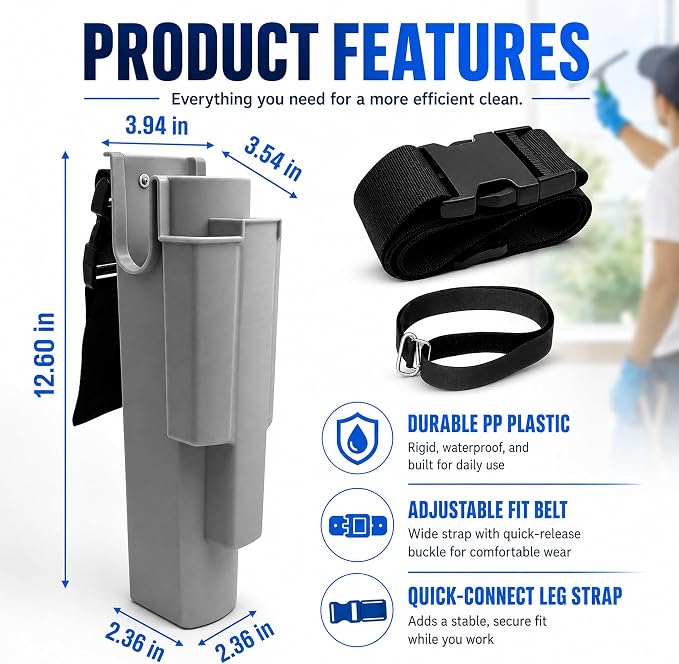 Window Cleaning Holster with Belt and Quick-Connect Leg Strap | Detachable Squeegee Holder Tool, Removable Side Bucket, Multi-Tool Waist Carry Design