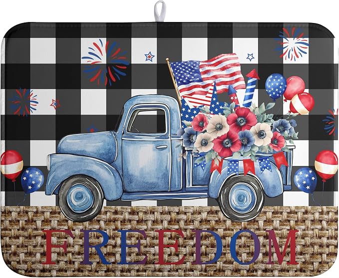 4th of July Buffalo Plaid Dish Drying Mat Patriotic Large Kitchen Mat Dish Drying Pad Absorbent Dish Dryer Mat for Kitchen Countertops Microfiber Drainer Pad Dish Drying Rack Mat (18x24 in)