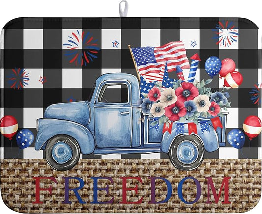4th of July Buffalo Plaid Dish Drying Mat Patriotic Large Kitchen Mat Dish Drying Pad Absorbent Dish Dryer Mat for Kitchen Countertops Microfiber Drainer Pad Dish Drying Rack Mat (18x24 in)
