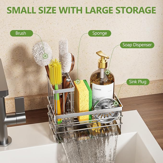 Cisily Sink Caddy Sponge Holder for Kitchen with Brush Holder and Stainless Steel Self Drain Tray, Rustproof Kitchen Sink Organizer for Sponge, Soap Dispenser Storage Accessories