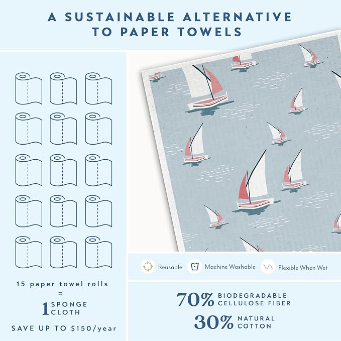ELYN Swedish Dishcloths, Reusable & Washable Sponge Cloths, Absorbent Cleaning Paper Towels for Kitchen, Dishes, Counters and More, 5 Pack, Classic Coastal
