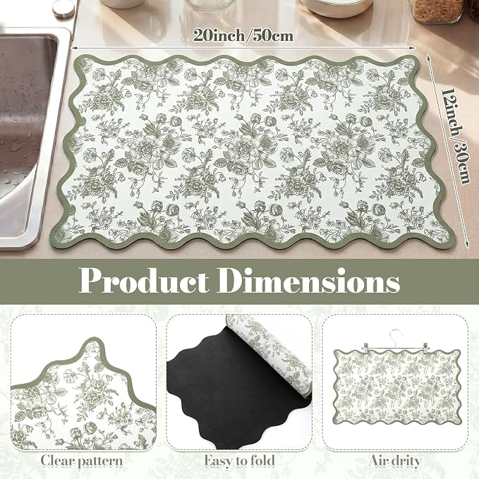 Sage Green Floral Chinoiserie Dish Drying Mat 12"x20" Scalloped Absorbent Coffee Mat Cuttable Hide Stain Non-slip Drying for Kitchen Counter Coffee Maker Espresso Machine