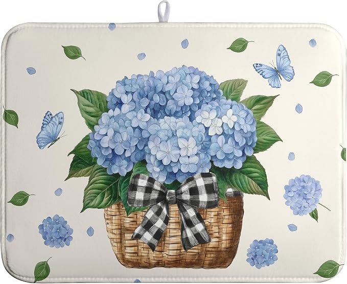 Spring Hydrangea Dish Drying Mats Spring Summer Floral Dish Mat Blue Flowers Butterfly Drying Matt Dishes Dryer Pad for Kitchen Counter Absorbent Microfiber Washable Foldable Reusable 18x24 in