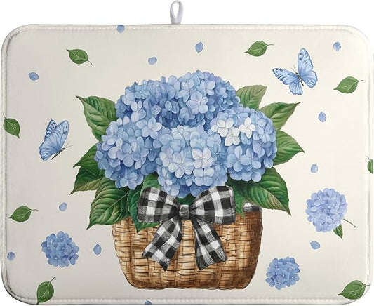 Spring Hydrangea Dish Drying Mats Spring Summer Floral Dish Mat Blue Flowers Butterfly Drying Matt Dishes Dryer Pad for Kitchen Counter Absorbent Microfiber Washable Foldable Reusable 18x24 in