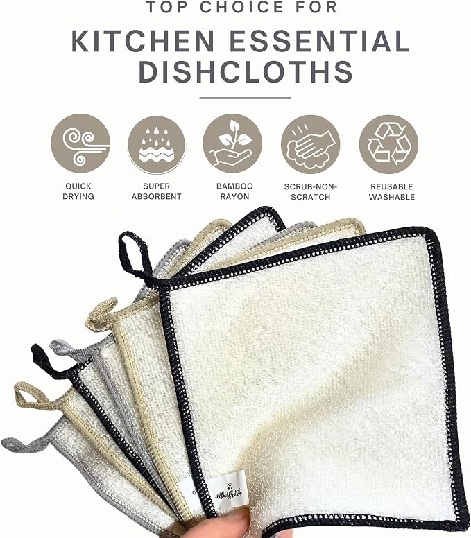 Whiffkitch Dishcloths Dishrags for Kitchen and Household Cleaning 6x7 6-Pack Non-Scratch 2-Ply Weave, Rayon Derived from Bamboo, Absorbent, Washable, Long-Lasting