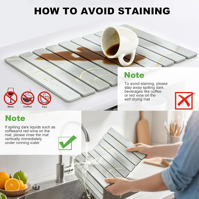 Stone Drying Mat for Kitchen Counter, Quick Diatomaceous Earth Mats for Dishes, 24"L x 16" W Super Absorbent Fast-Drying Collapsible Countertop Stone Mat (Marble White Yellow, 24" x 16")