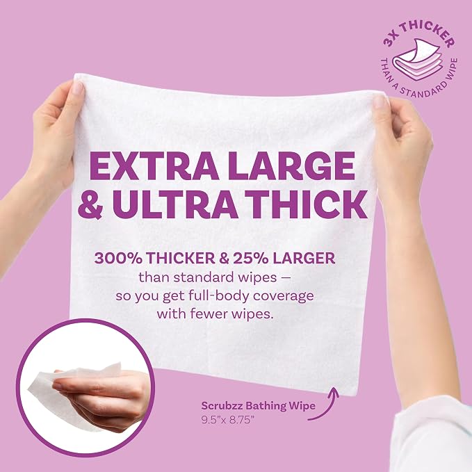 Extra Large Bath Wipes for Adults Bathing No Rinse - 80 Ultra Thick Disposable Body Cleansing Wipes for Men, Women & Elderly - Great for Gym, Camping, Post Surgery - Lavender