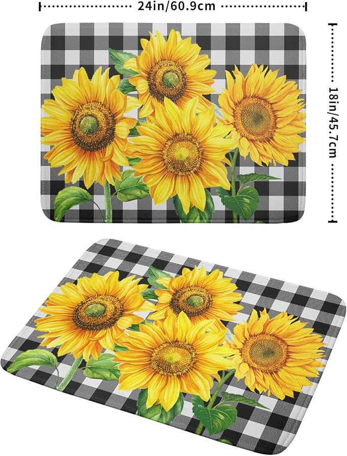 Sunflower Dish Drying Mat for Kitchen Counter Black White Buffalo Plaid Microfiber Absorbent Dish Draining Reusable Washable Foldable Extra Large 18"x24"