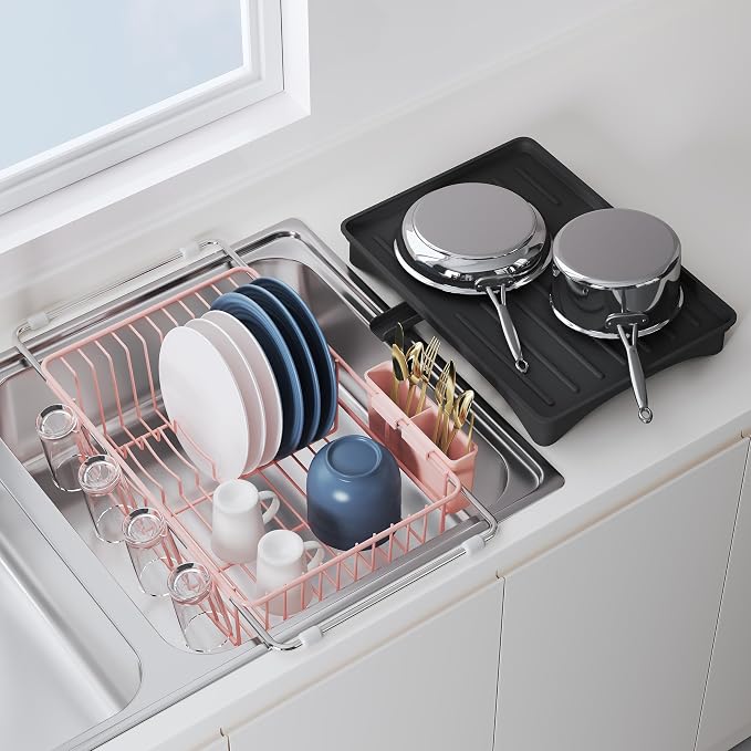 JASIWAY Pink Dish Drying Rack in Sink, Expandable Stainless Steel Dish Drainers with Drainboard for Kitchen Counter, Space Saving Dish Dryer Rack, Over The Sink Dish Racks with Utensil Holder