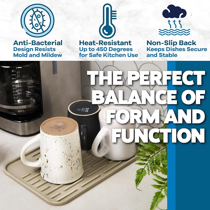 Large Silicone Dish Drying Mat for Kitchen Counter or Under Sink, 16" x 12" Large, Waterproof Pet Feeding Mat, Water Bowls, Under Drying Racks for Dishes, Coffee Bars, Bar Mats (Beige)…