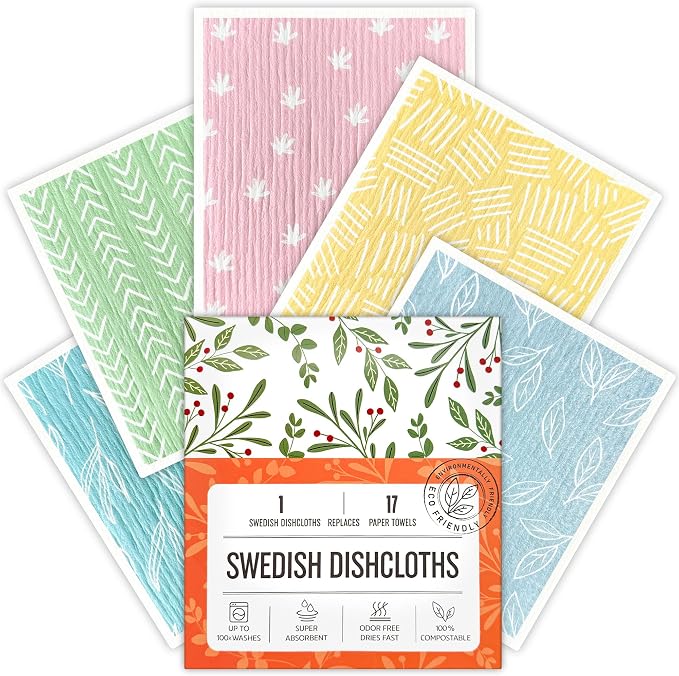 Swedish Dishcloths for Kitchen, 5 Pack Reusable Paper Towels Washable, Super Absorbent Swedish Dish Cloths, Non-Scratch, No Odor