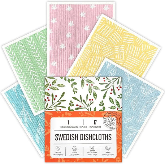 Swedish Dishcloths for Kitchen, 5 Pack Reusable Paper Towels Washable, Super Absorbent Swedish Dish Cloths, Non-Scratch, No Odor