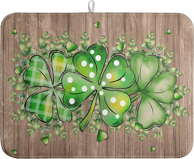St Patricks Day Wooden Plank Texture Shamrock Dish Drying Mat St Patrick Eucalyptus Leaves Clover Dish Drying Pad for Kitchen Counter Absorbent Microfiber Dishes Drainer Rack Mats 18x24 Inch