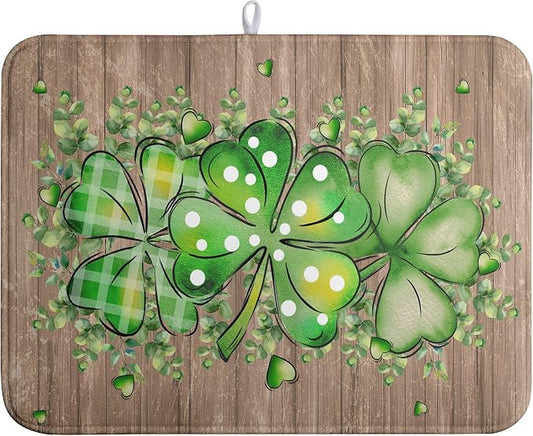St Patricks Day Wooden Plank Texture Shamrock Dish Drying Mat St Patrick Eucalyptus Leaves Clover Dish Drying Pad for Kitchen Counter Absorbent Microfiber Dishes Drainer Rack Mats 18x24 Inch
