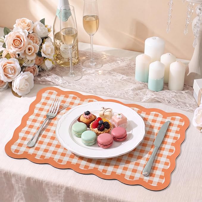 Scalloped Gingham Coffee Mat 12" x 20" Absorbent Coffee Bar Mat Gingham Espresso Matt for Counter(Orange)