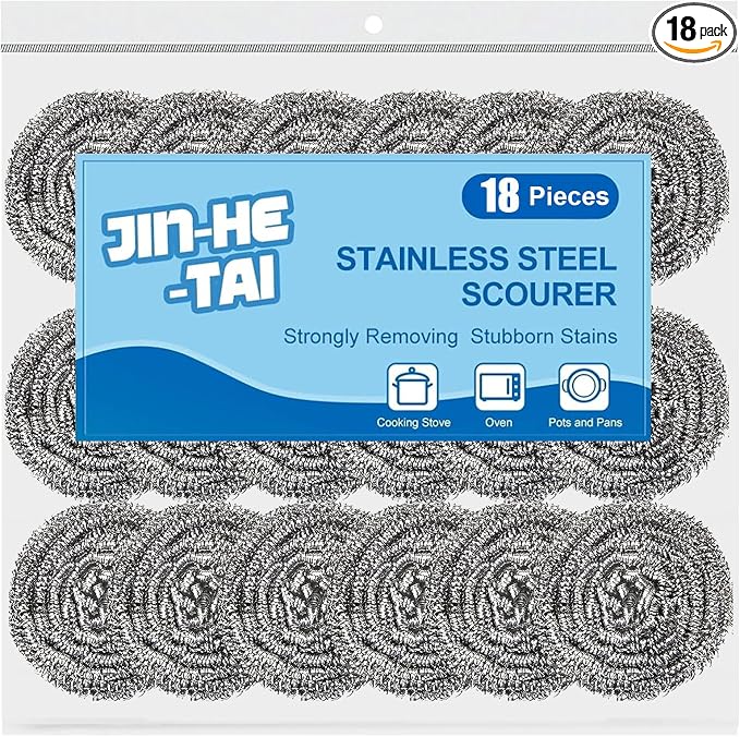 18 Pack Stainless Steel Scrubber, Steel Wool Srubber for Scouring Stubborn Messes from Pots and Pans, Stoves,Broiler Racks,Grills and More