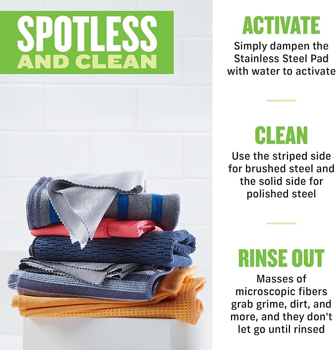 E-Cloth Stainless Steel Microfiber Cleaning Cloth Pack - Glass & Polishing + Stainless Steel Cleaner Cloth for Appliances, Cars & More, Reusable & Washable Microfiber Towels, Cleans with Water