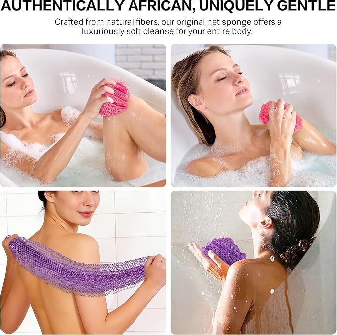 UJFQBH African Net Sponge Authentic 2-Pieces Exfoliating Body Scrubber for Shower & Bath, Deep Cleansing Lather for Dead Skin Removal, Back Scrubber for Women & Men (Pink 、Purple