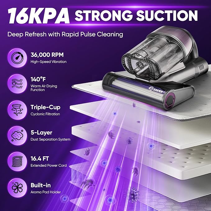 Saker Mattress Vacuum Cleaner, Handheld Bed Vacuum Cleaner with 16KPa Suction UVC Light, 140°F Heated Air, HEPA Filter, Aroma Function, 16.4FT Cord for Cleaning Bed, Sofa, and Couch