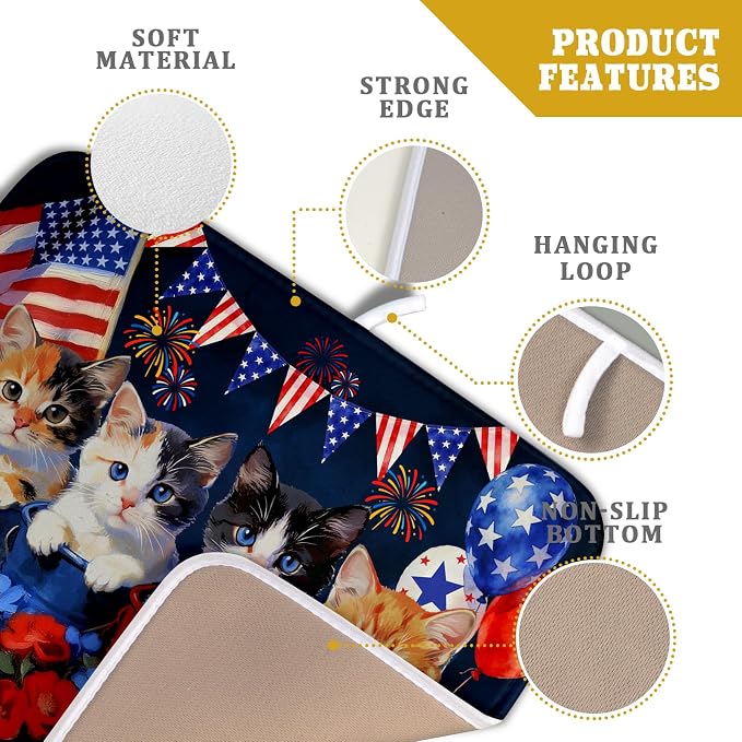 4th of July Dish Drying Mat Patriotic Cats Dish Drying Rack Mat for Kitchen Counter Small